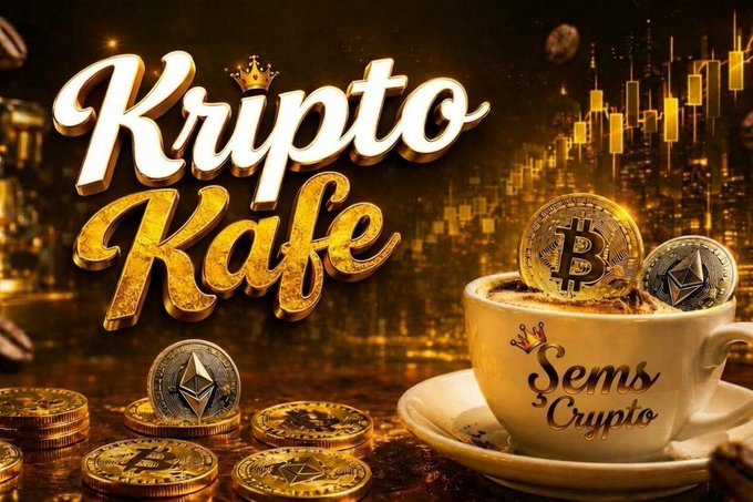 A promotional graphic for "Kripto Kafe" featuring a luxurious golden design with a coffee cup labeled "Sems Crypto" overflowing with Bitcoin and Ethereum coins, set against a candlestick chart background—visually tying the café-themed branding to their crypto content shared on Telegram (t.me/CryptoCafeTR) and YouTube (youtube.com/@KriptoKafee).