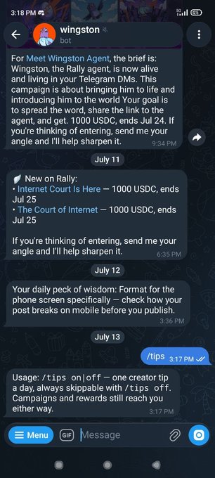 A Telegram conversation screenshot with the bot 'wingston' describing a Meet Wingston Agent campaign for spreading information on Telegram and offering 1000 USDC rewards for entries, with the user sending '/tips' and receiving usage instructions.