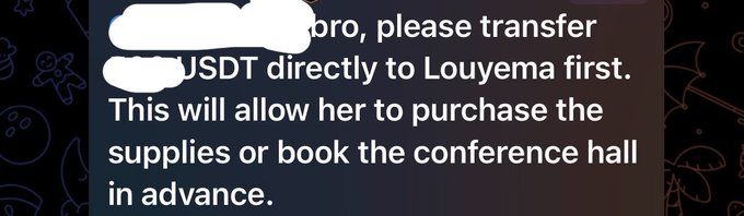 A text message snippet (with a name redacted) asking to transfer USDT directly to "Louyema" for purchasing supplies or booking a conference hall, with Halloween-themed doodles in the background.