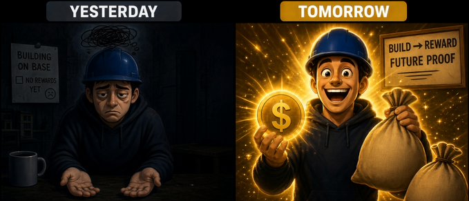 A split comparison image showing a sad cartoon construction worker labeled 'YESTERDAY' next to a happy, glowing version holding money bags labeled 'TOMORROW' with the text 'BUILD → REWARD FUTURE PROOF'.
