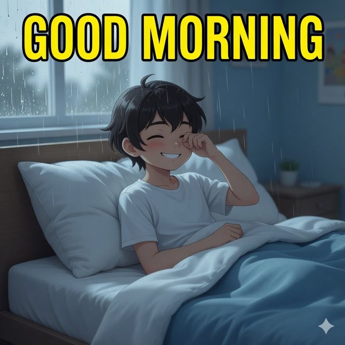 The image features a young boy sitting in bed with white sheets, wearing a white t-shirt. The boy has his eyes closed and appears to be falling asleep or taking a nap. The background of the image shows a window covered by raindrops, creating a cozy atmosphere for the scene. The post is titled "Good Morning" and includes a message that reads "Good morning!".