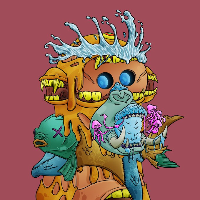A colorful cartoon illustration of a grotesque, melting creature with multiple faces, fangs, eyes, and splash effects in orange, blue, and green tones against a maroon background.