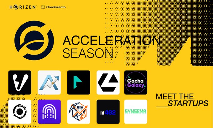 A yellow promotional banner for "ACCELERATION SEASON" by HORIZEN and Crecimiento, featuring logos of various startups including Gacha Galaxy and SYNSEMA under "MEET THE STARTUPS".