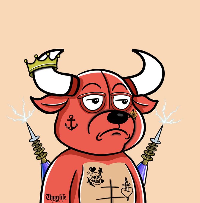 A cartoon illustration features a grumpy red bull with white horns, wearing a crown, with tattoos including an anchor, skull, and "thuglife" text, plus a small "Boo" heart tattoo; electrical sparks appear behind two syringes.
