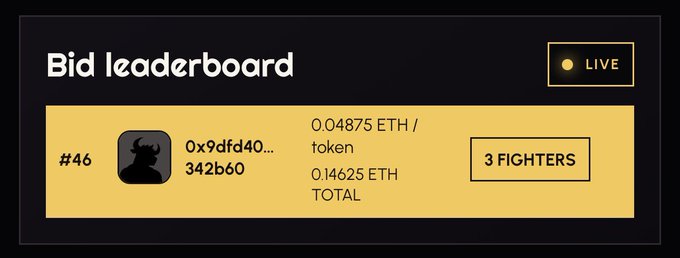 A 'Bid leaderboard' interface showing rank #46 with a bid of 0.04875 ETH/token and 3 fighters, displayed in a yellow bar against a dark background.
