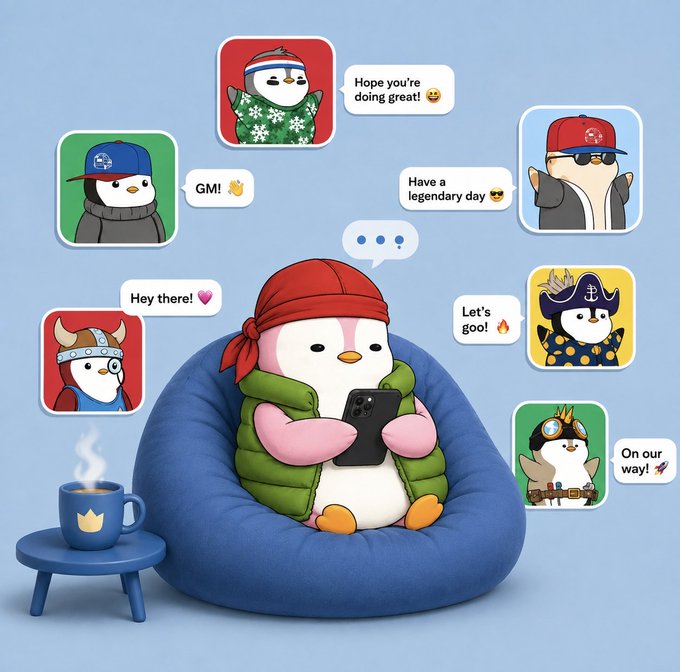 An illustration of a penguin-like character in a red bandana and green vest sitting in a blue bean bag chair using a phone, surrounded by six chat message bubbles with greetings like 'GM!', 'Have a legendary day', and 'Let's goo!'.