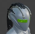 A silver humanoid figure with a braided headpiece and a glowing green horizontal visor against a gray background.