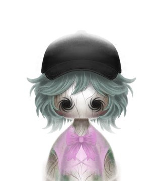 An illustration of a creepy, doll-like character with messy green hair, button eyes, and a black cap, wearing a pink dress with a bow.