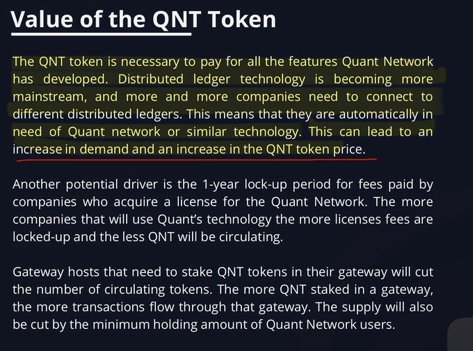 An infographic slide titled "Value of the QNT Token" explains how the QNT token is required to pay for all Quant Network features, with increasing demand driving its price up. The accompanying post highlights this key premise, emphasizing that companies adopting distributed ledger technology will automatically need Quant Network, fueling QNT token price growth.
