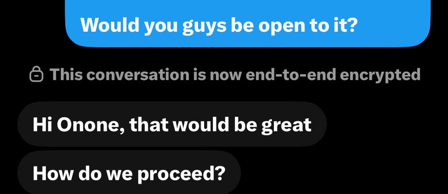 A text conversation shows someone asking "Would you guys be open to it?" with an end-to-end encryption notification, followed by a reply saying "Hi Onone, that would be great, How do we proceed?" — illustrating a friendly agreement to collaborate, which contrasts with the post's expression of disappointment after having hopes raised.