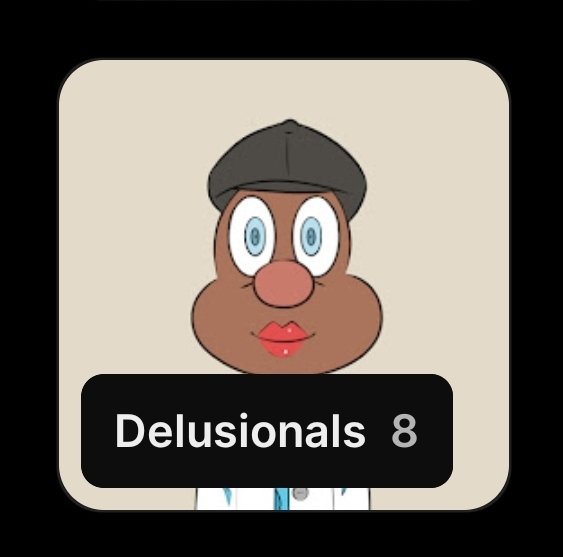 A cartoon potato character wearing a gray cap with the text 'Delusionals 8' displayed below.