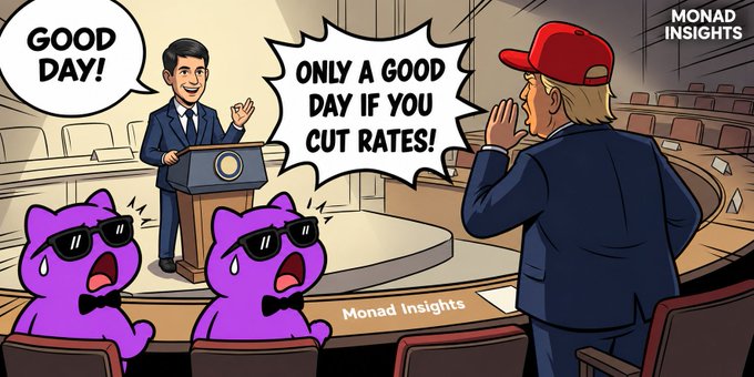 A cartoon illustration depicting a man at a podium saying 'GOOD DAY!' to another man wearing a red cap, with text bubble reading 'ONLY A GOOD DAY IF YOU CUT RATES!'; labeled 'Monad Insights' with purple cat-like characters in the foreground.