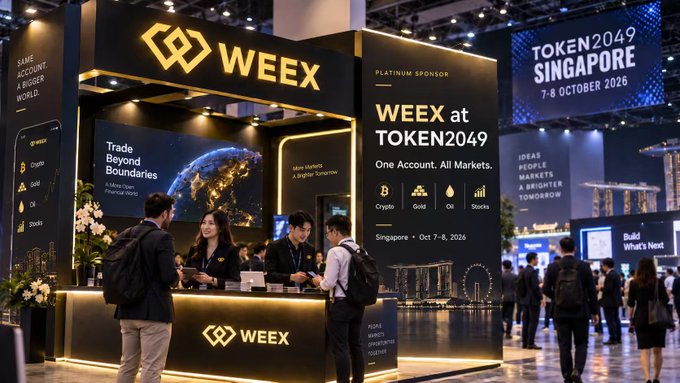 WEEY's booth at TOKEN2049 Singapore (October 7-8, 2026) showcases its "One Account. All Markets" platform spanning Crypto, Gold, Oil, and Stocks—visually reinforcing the post's observation that crypto conferences have shifted from hunting altcoins to courting traditional finance heavyweights like BlackRock and JPMorgan, now converging under the same roof as brokerages.