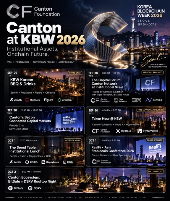 A promotional poster for 'Canton Foundation at KBW 2026' in Seoul from September 28 to October 2, listing various events including 'KBW Korean BBQ & Drinks' and 'Canton Ecosystem: BitSafe x DSRV Rooftop Night.'