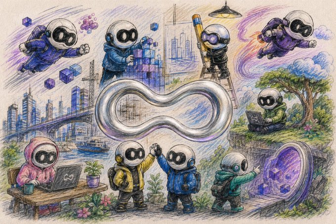A colorful hand-drawn sketch illustration featuring multiple hooded robot-like characters in various scenes including flying, working on laptops, high-fiving, and exploring a portal, with a cityscape, Statue of Liberty, and infinity symbol in the center.