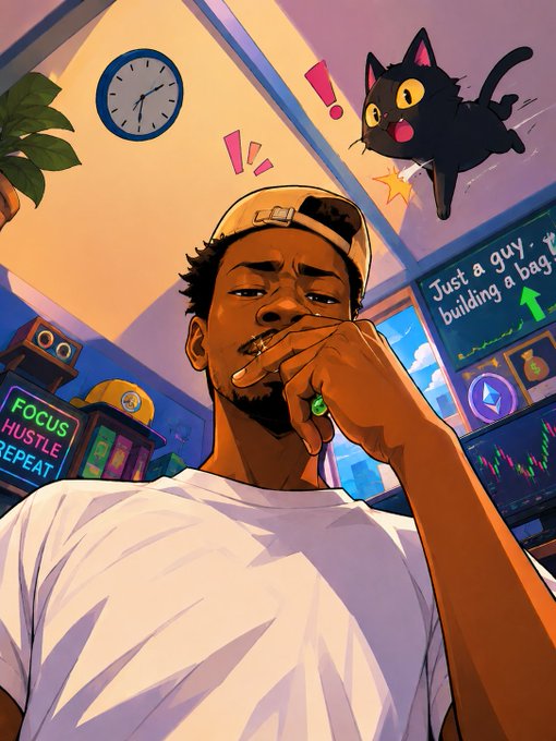 An anime-style illustration depicts a young man in a backwards cap smoking while looking at the camera, with a cartoon black cat flying above him and trading screens displaying 'FOCUS HUSTLE REPEAT' and 'Just a guy building a bag' in the background.