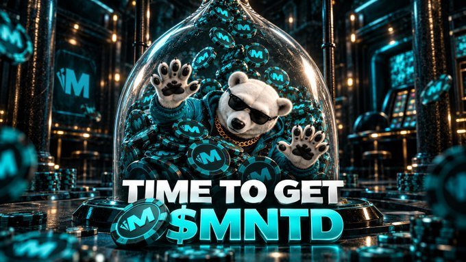 A digital artwork featuring a bear wearing sunglasses inside a glass dome filled with 'M' tokens, with the text 'TIME TO GET $MNTD' overlaid.