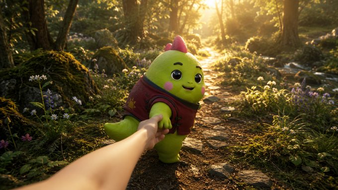 The image features a green dinosaur character holding onto someone's hand, creating an interactive scene between the characters. The person's hand is visible near the bottom of the frame, while the dinosaur has its head above their shoulder. The background includes trees and flowers, adding depth and context to the scene. The post seems to be promoting a new series or movie featuring the green dinosaur character, as it references the character from the beginning of the day.