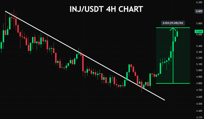 A 4H candlestick chart of INJ/USDT shows a decisive breakout above a descending trendline, with the price surging to around 5.654 and gaining 19.24% (0.924), matching the post's claim that INJ is up 19% since the bullish signal.
