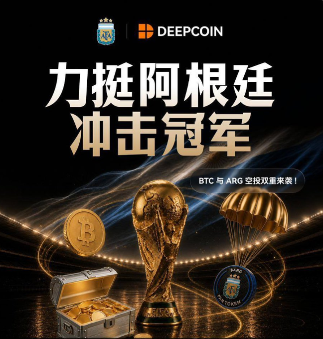 A promotional poster featuring the AFA (Argentina) and DEEPCOIN logos with Chinese text "力挺阿根廷 冲击冠军" (Support Argentina, Aim for the Championship), showing a World Cup trophy, Bitcoin coin, gold chest, and a parachuting "$ARG FAN TOKEN."