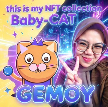 A promotional graphic for an NFT collection called 'Baby-CAT' featuring a cartoon orange cat, alongside a woman wearing a hijab and glasses who is pointing at the artwork, with the text 'GEMOY' displayed below.