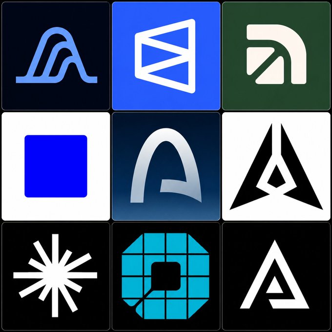 A 3x3 grid displays nine different abstract logos and app icons in various colors including blue, green, white, and black.