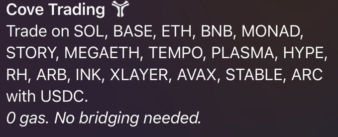 Text-based ad for 'Cove Trading' listing supported blockchains (SOL, BASE, ETH, BNB, MONAD, STORY, MEGAETH, TEMPO, PLASMA, HYPE, RH, ARB, INK, XLAYER, AVAX, STABLE, ARC) for trading with USDC, noting '0 gas. No bridging needed.'