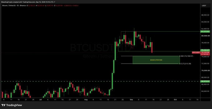 A TradingView chart for BTCUSD (Bitcoin/TetherUS) on Binance showing a price drop to around 74,000 USD with a "ROUND WITH PONG" annotation.