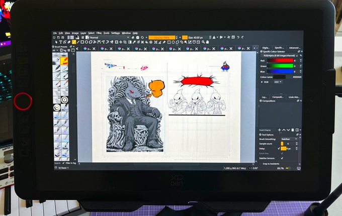 A digital drawing tablet (XP-Pen) displays Krita software with an in-progress illustration of a skeleton figure smoking a cigar, surrounded by ghosts.