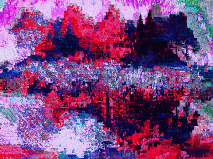 An abstract, pixelated artwork composed of vibrant blocks of red, blue, purple, and white that loosely suggests a landscape or cityscape.
