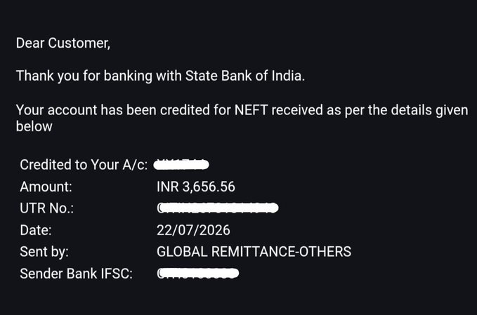 A State Bank of India notification crediting a customer's account with INR 3,656.56 via NEFT from 'GLOBAL REMITTANCE-OTHERS' dated 22/07/2026.