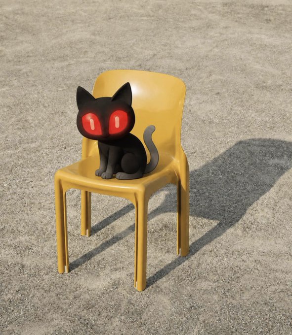 A 3D render of a stylized black cat with large red glowing eyes sitting on a yellow plastic chair on a textured gray surface.