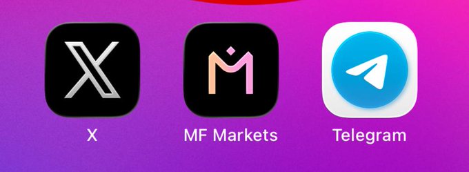 Three app icons displayed on a pink/purple gradient background: X (formerly Twitter), MF Markets, and Telegram.