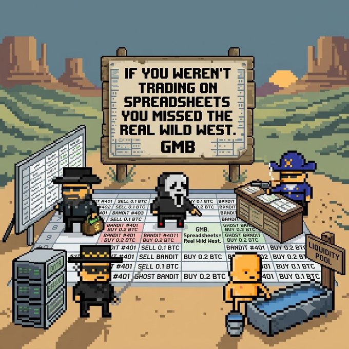 A pixel-art desert scene shows figures gathered around a giant trading spreadsheet displaying Bitcoin and "GHOST BANDIT" orders (#401, #4071), with a billboard reading "IF YOU WEREN'T TRADING ON SPREADSHEETS YOU MISSED THE REAL WILD WEST. GMB," a "LIQUIDITY POOL" pond, and an orange "DITR SERVER" cabinet, humorously framing crypto trading as frontier banditry.