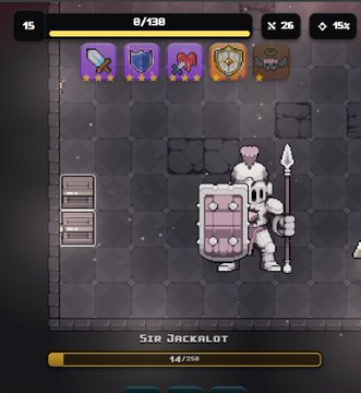 A screenshot from a mobile game featuring a skeleton character with a shield and spear on a tile grid, with stats indicating level 15 and enemy 'Sir Jackalot'.