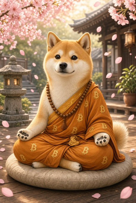 A whimsical digital artwork of a Shiba Inu dog dressed as a Buddhist monk in orange robes adorned with Bitcoin '₿' symbols, wearing wooden prayer beads and meditating on a cushion with cherry blossoms and a Japanese temple in the background.