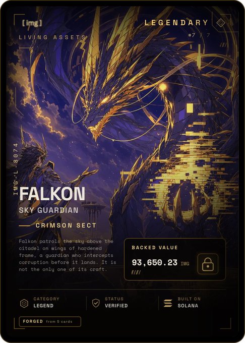 A digital trading card for 'FALKON - SKY GUARDIAN - CRIMSON SECT', a Legendary Living Asset #7 built on Solana with a backed value of 93,650.23 IMG, depicting a golden dragon-like creature.