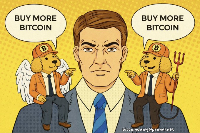 A cartoon illustration of a serious man in a suit with two Labrador characters on his shoulders telling him to 'BUY MORE BITCOIN', credited to bitcoindawg@primal.net.