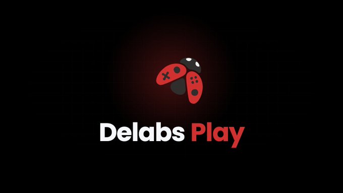 The image displays the "Delabs Play" logo on a black background, featuring a stylized red game controller icon. It appears to be promotional content for Delabs Play, aligning with the post's mention of @delabsOfficial and their gaming platform.