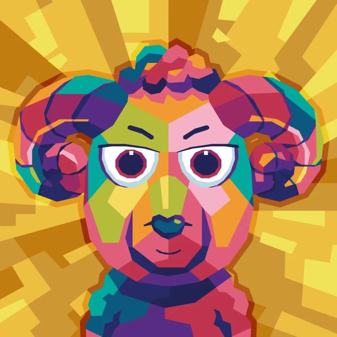 A colorful pop-art style portrait of a character with curly hair rendered in geometric shapes against a yellow sunburst background.