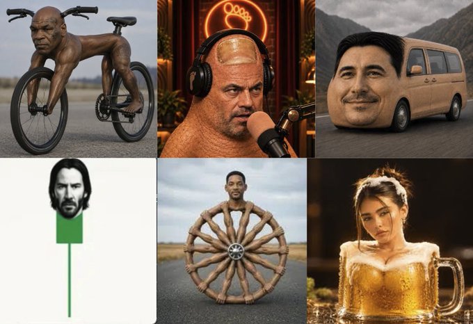 A collage of six absurd AI-generated images—including a figure riding a bike with a face for a body, a man with a headphone-shaped head, a van with a face, Keanu Reeves on a stick figure, a man merged with a wheel, and a woman inside a beer mug—representing the bizarre visual memes associated with various crypto tokens referenced in the "$1000 to whoever can name all these tokens" challenge.