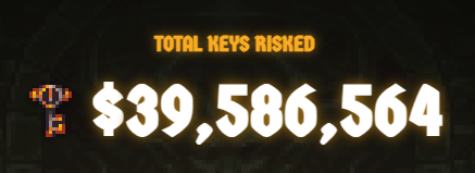 A game screen displays 'TOTAL KEYS RISKED' in orange text above the amount '$39,586,564' in large white numbers.