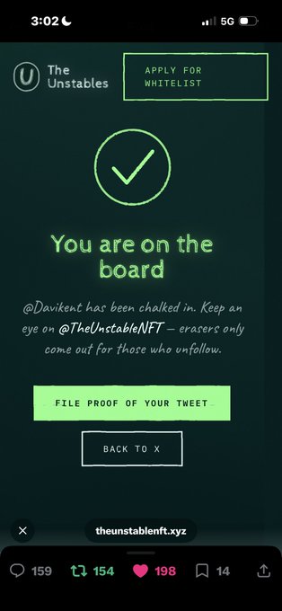 A mobile screenshot from 'The Unstables' showing a confirmation message 'You are on the board' indicating that '@Davikent has been chalked in' with options to 'FILE PROOF OF YOUR TWEET' and 'BACK TO X'.