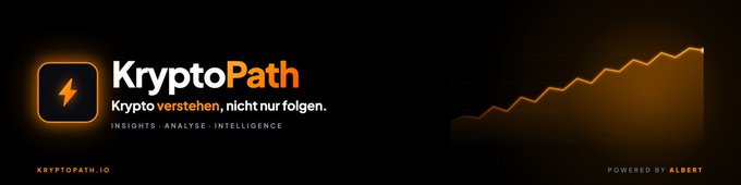 Dark-themed logo advertisement for 'KryptoPath' with the tagline 'Krypto verstehen, nicht nur folgen.' and 'INSIGHTS · ANALYSE · INTELLIGENCE', featuring an ascending line graph and 'KRYPTOAPTH.IO' / 'POWERED BY ALBERT'.