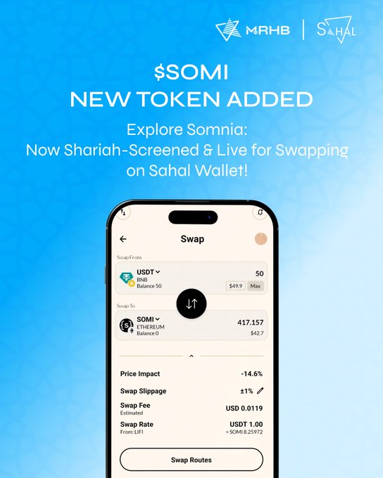 A promotional graphic announcing '$SOMI NEW TOKEN ADDED' on MRHB and Sahal wallets, featuring a smartphone displaying a swap from USDT to SOMI on Ethereum with a -14.6% price impact.