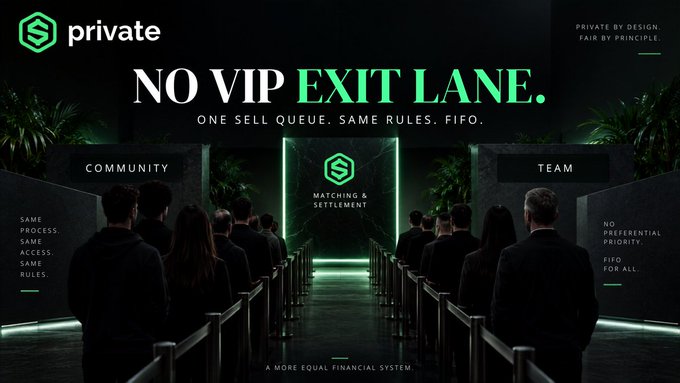 A promotional image for a financial platform called 'private' with the tagline 'NO VIP EXIT LANE. ONE SELL QUEUE. SAME RULES. FIFO.'