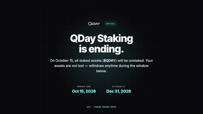 A notice from QDay stating 'QDay Staking is ending,' informing users that all staked $QDAY assets will be unstaked on October 15, 2026, with a withdrawal window ending December 31, 2026.