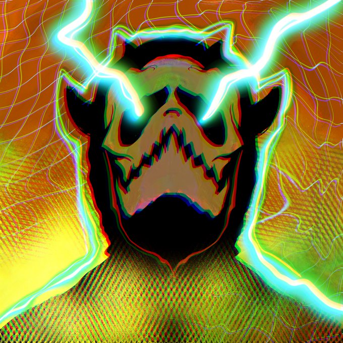 A psychedelic, glitch-art style digital illustration featuring a screaming face with glowing cyan lightning-like tendrils against an orange and yellow background.