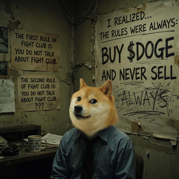 A Shiba Inu dog wearing a tie sits in a gritty room beneath posters reading "The First/Second Rule of Fight Club: You Do Not Talk About Fight Club," alongside graffiti declaring "I REALIZED... THE RULES WERE ALWAYS: BUY $DOGE AND NEVER SELL." The image humorously remixes the iconic Fight Club rules to champion Dogecoin holding, aligning with the post's bullish "$DOGE club for one dollar target" sentiment by replacing the movie's secrecy with crypto devotion.