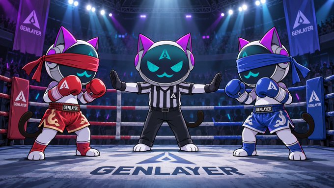 A 3D-rendered boxing match scene featuring two cat-like characters with blindfolds and boxing gloves facing off against a referee in a ring branded with 'GENLAYER'.
